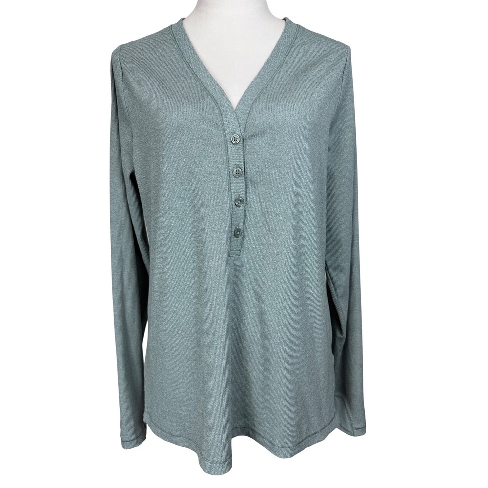 Athleta Henley‎ Top Womens XL Green Long Sleeve Ribbed Knit Thumbhole Activewear